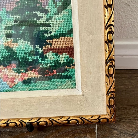 Vintage Landscape Embroidered Art in Gold Frame 12/15 inch - Picture 3 of 12